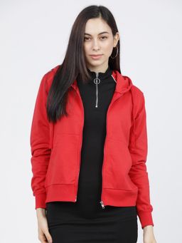 TOKYO TALKIES - Womens Red Solid Hooded Jacket