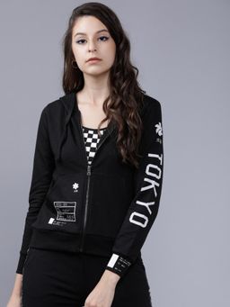 TOKYO TALKIES - Womens Black Typography Hooded Jacket