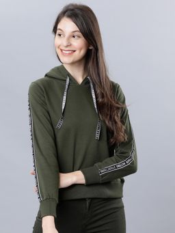 TOKYO TALKIES - Womens Olive Green Solid Hoodie