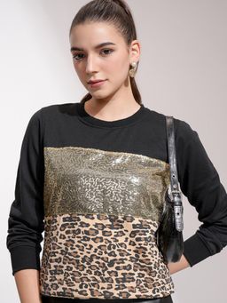 TOKYO TALKIES - Womens Black Gold Toned Embellished Sweatshirt