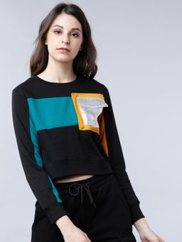 TOKYO TALKIES - Womens Teal Blue & Black Colorblock Sweatshirt