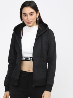 TOKYO TALKIES - Womens Solid Black Hooded Jacket