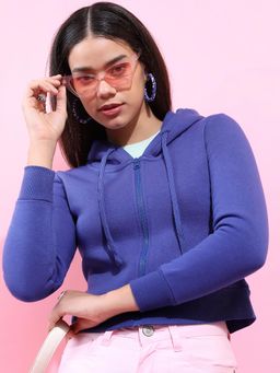 TOKYO TALKIES - Womens Navy Blue Solid Hooded Cropped Jacket