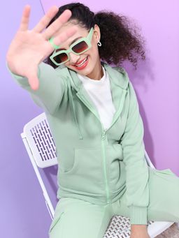 TOKYO TALKIES - Womens Sea Green Hooded Front Open Jacket