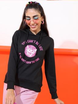 TOKYO TALKIES - Womens Black Typography Long Sleeve Hoodie