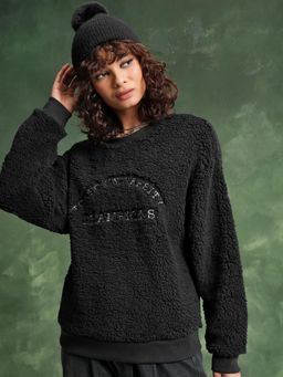 TOKYO TALKIES - Womens Black Self Design Oversized Pullover Sweatshirt