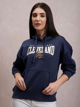 TOKYO TALKIES - Womens Navy Blue Typography Hoodie