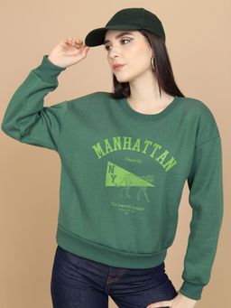 TOKYO TALKIES - Womens Green Typography Pullover Sweatshirt