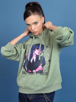 TOKYO TALKIES - Womens Green Graphic Oversized Pullover Hoodie