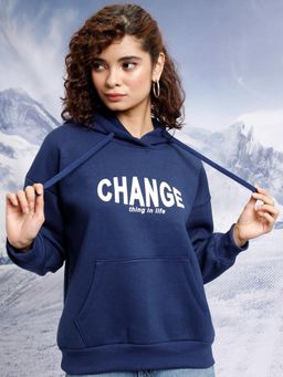TOKYO TALKIES - Womens Navy Blue Typography Hoodie