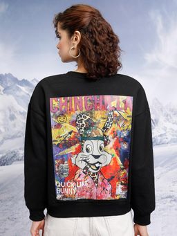 TOKYO TALKIES - Womens Black Graphic Round Neck Oversized Pullover