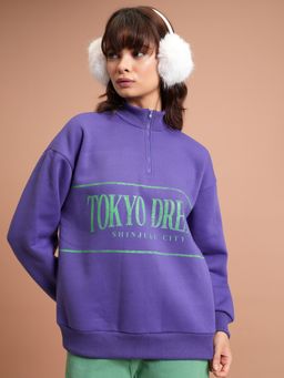 TOKYO TALKIES - Womens Purple Typography Oversized Sweatshirt