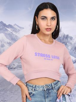 TOKYO TALKIES - Womens Pink Typography Long Sleeves Cropped Sweatshirt
