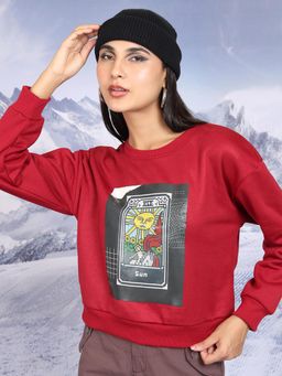 TOKYO TALKIES - Womens Red Graphic Round Neck Sweatshirt