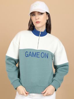 TOKYO TALKIES - Womens Aqua Colorblock High Neck Sweatshirt