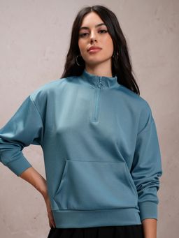 TOKYO TALKIES - Womens Blue High Neck Drop Shoulder Half Zipper Sweatshirt