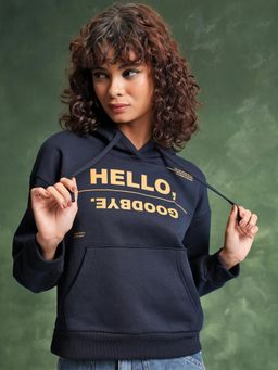 TOKYO TALKIES - Womens Navy Blue Typography Hoodie