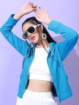 TOKYO TALKIES - Womens Blue Solid Hooded Jacket