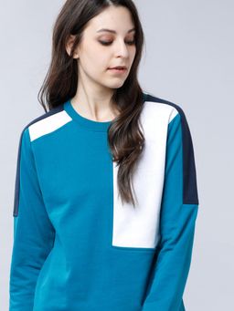 TOKYO TALKIES - Womens Teal Colorblock Pullover Sweatshirt