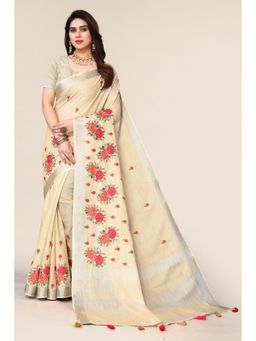 Varanga - Cream Floral Woven Zari Saree with Unstitched Blouse