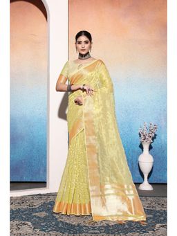 Varanga - Yellow Embroidered Design Tissue Saree with Unstitched Blouse
