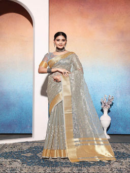 Varanga - Grey Embroidered Design Tissue Saree with Unstitched Blouse