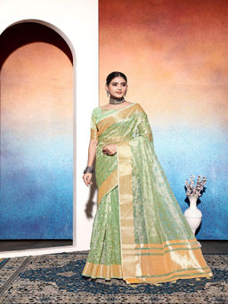 Varanga - Green Embroidered Design Tissue Saree with Unstitched Blouse