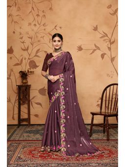 Varanga - Burgundy Ethnic Motifs Embroidered Sequined Saree with Unstitched Blouse