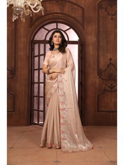 Varanga - Cream Ethnic Motifs Embroidered Sequined Saree with Unstitched Blouse