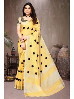 Varanga - Yellow Polka Dot Handloom Saree with Unstitched Blouse