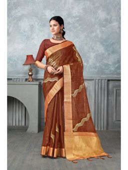 Varanga - Brown Woven Design Zari Tissue Saree with Unstitched Blouse