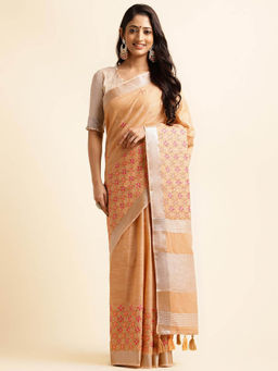 Varanga - Light Orange Embroidered Zari Saree with Unstitched Blouse