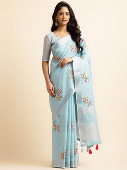 Varanga - Blue Ethnic Motifs Embroidered Saree with Unstitched Blouse