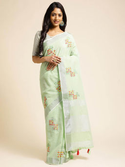 Varanga - Green Ethnic Motifs Embroidered Saree with Unstitched Blouse