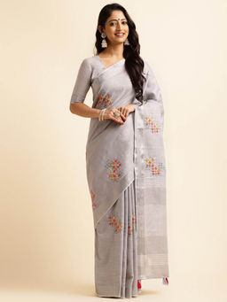 Varanga - Grey Ethnic Motifs Embroidered Saree with Unstitched Blouse
