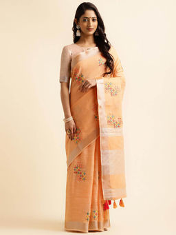 Varanga - Light Orange Ethnic Motifs Embroidered Saree with Unstitched Blouse