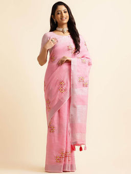 Varanga - Pink Ethnic Motifs Embroidered Saree with Unstitched Blouse