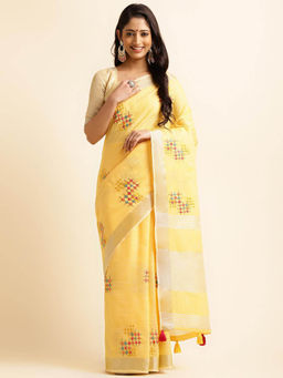 Varanga - Yellow Ethnic Motifs Embroidered Saree with Unstitched Blouse