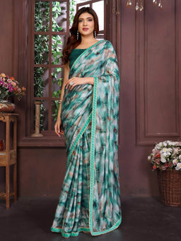 Varanga - Green Ready To Wear Printed Sequined Lace Work Saree with Unstitched Blouse