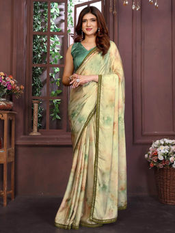 Varanga - Green Ethnic Motifs Printed Lace Work Saree with Unstitched Blouse