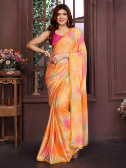 Varanga - Orange Tie and Dye Sequined Border Saree with Unstitched Blouse