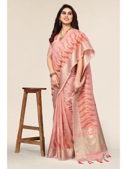 Varanga - Peach Ethnic Motifs Embroidered Zari Saree with Unstitched Blouse