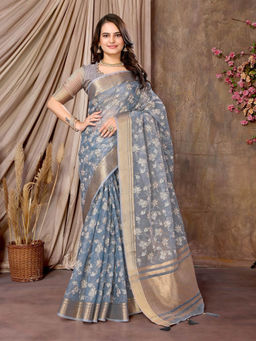 Varanga - Blue Ethnic Motifs Floral Woven Zari Saree with Unstitched Blouse