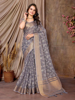 Varanga - Grey Ethnic Motifs Floral Woven Zari Saree with Unstitched Blouse