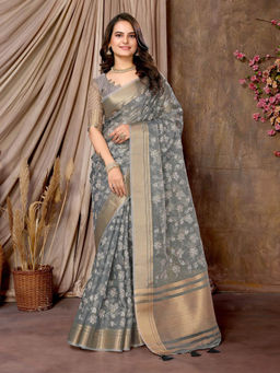 Varanga - Sage Green Ethnic Motifs Floral Woven Zari Saree with Unstitched Blouse