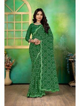 Varanga - Green Ethnic Motifs Printed Mirror Work Silk Blend Saree with Unstitched Blouse