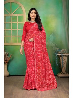 Varanga - Red Ethnic Motifs Printed Mirror Work Silk Blend Saree with Unstitched Blouse