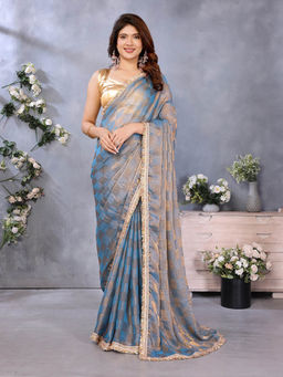 Varanga - Blue Silk Checks Printed Sequined Lace Border Saree with Unstitched Blouse