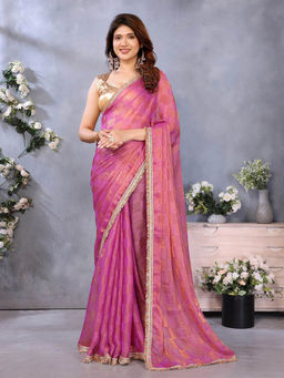 Varanga - Pink Silk Checks Printed Sequined Lace Border Saree with Unstitched Blouse