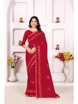 Varanga - Red Ethnic Motifs Floral Embroidered Silk Blend Saree with Unstitched Blouse
